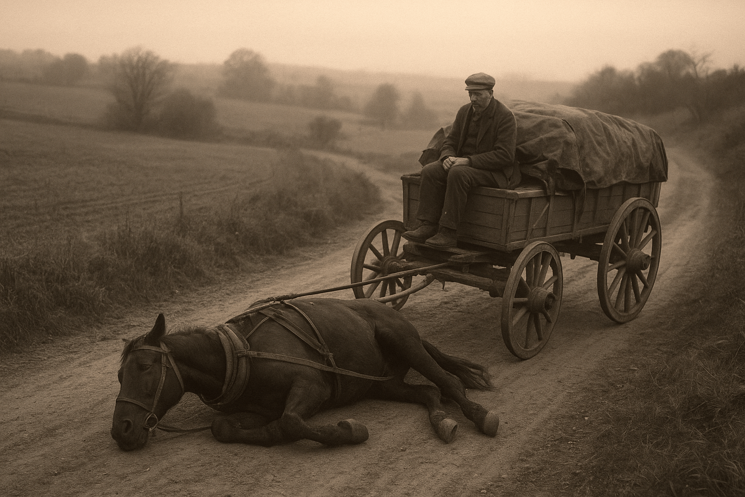 Zusammengebrochenes Pferd vor Wagen